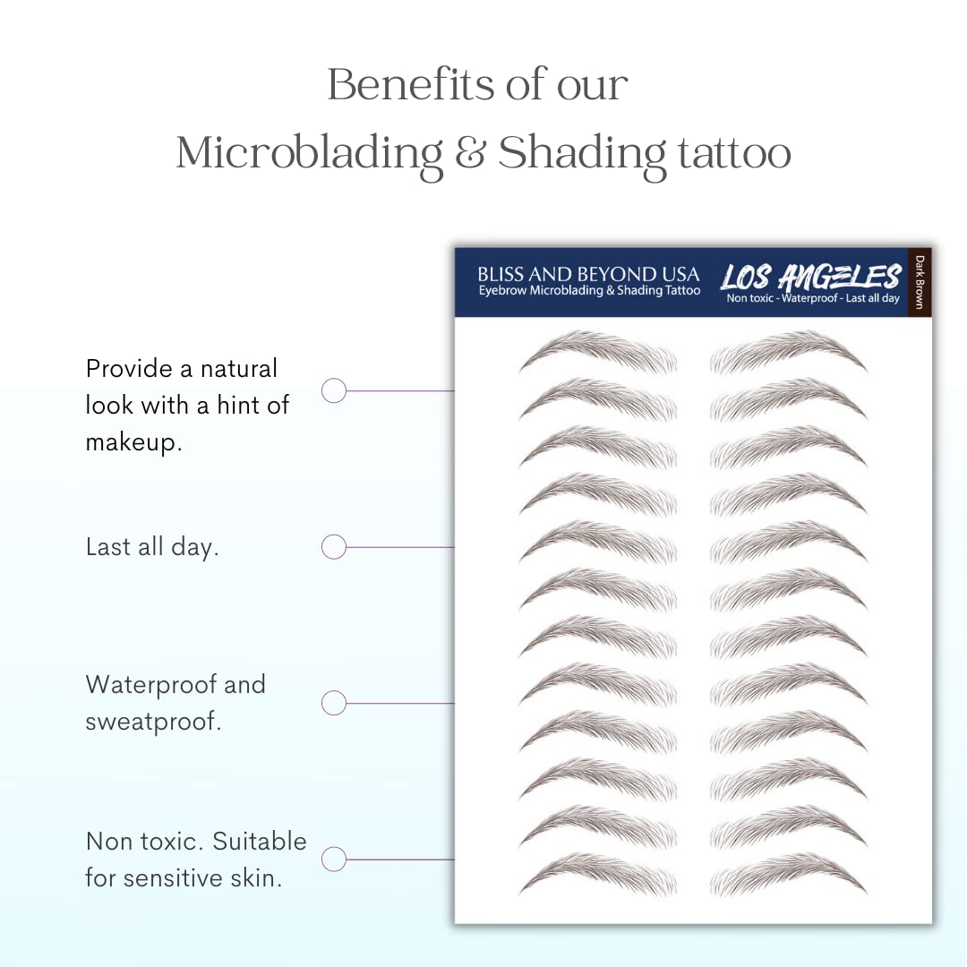 Bliss and Beyond USA | 2 Sheets Natural-Looking Eyebrow Tattoo Stickers – Waterproof, Long-Lasting (Dark Brown, 24 Pairs)
