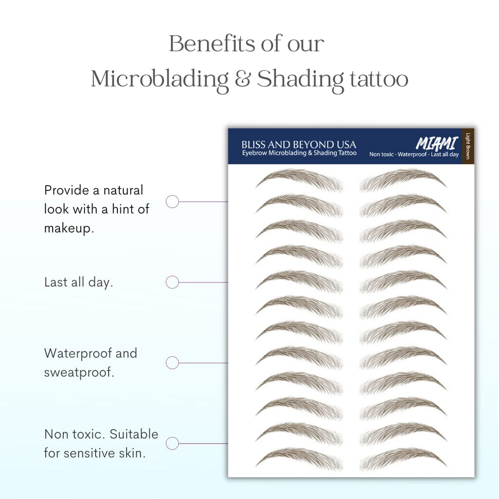 Bliss and Beyond USA 2 Sheets Eyebrow Tattoo Stickers – Waterproof, Natural Miami & Light Brown (24 Pairs)