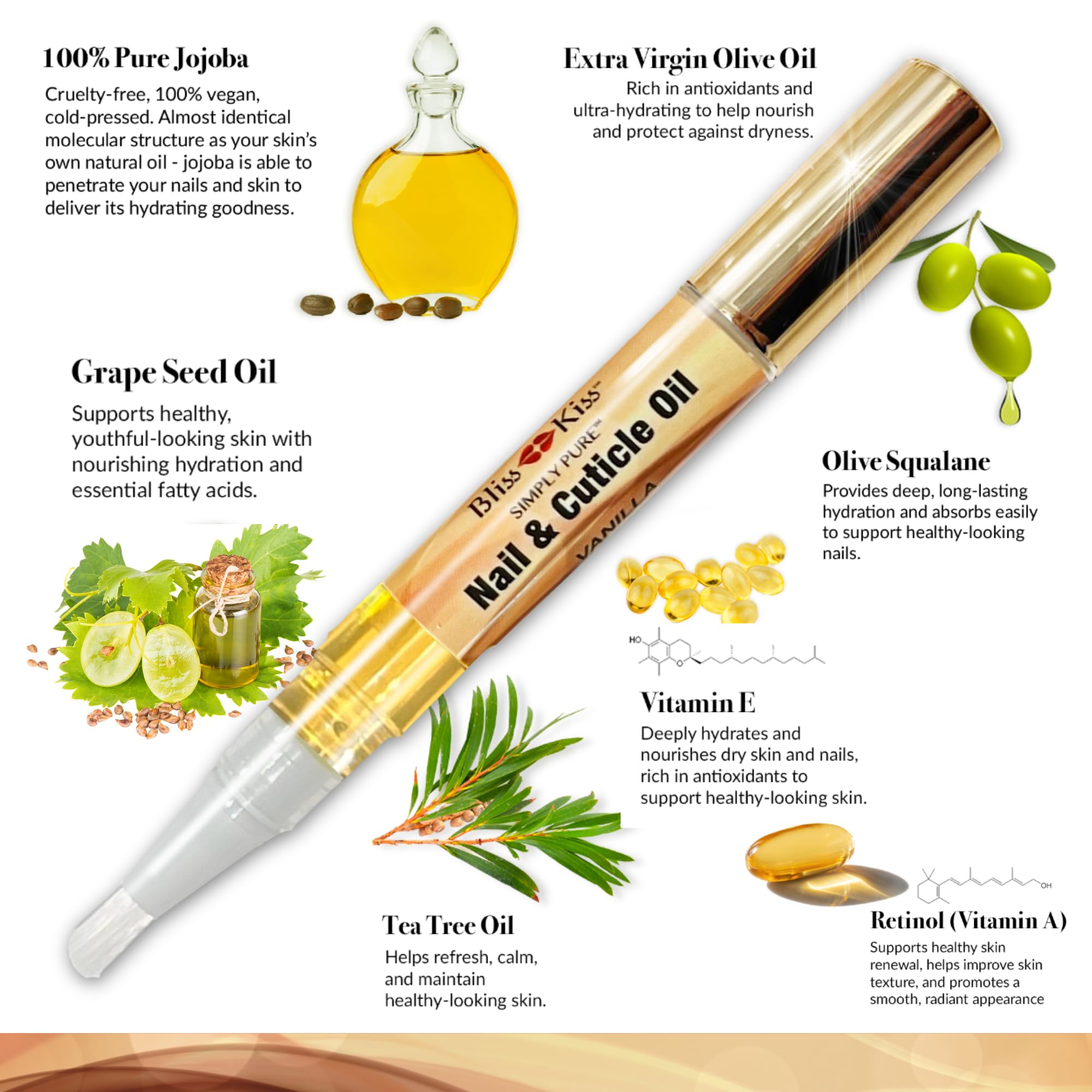 Bliss Kiss Simply Pure Nail Oil Pen 4-Pack – Vanilla Scent, Jojoba & Vitamin E for Hydration & Strength