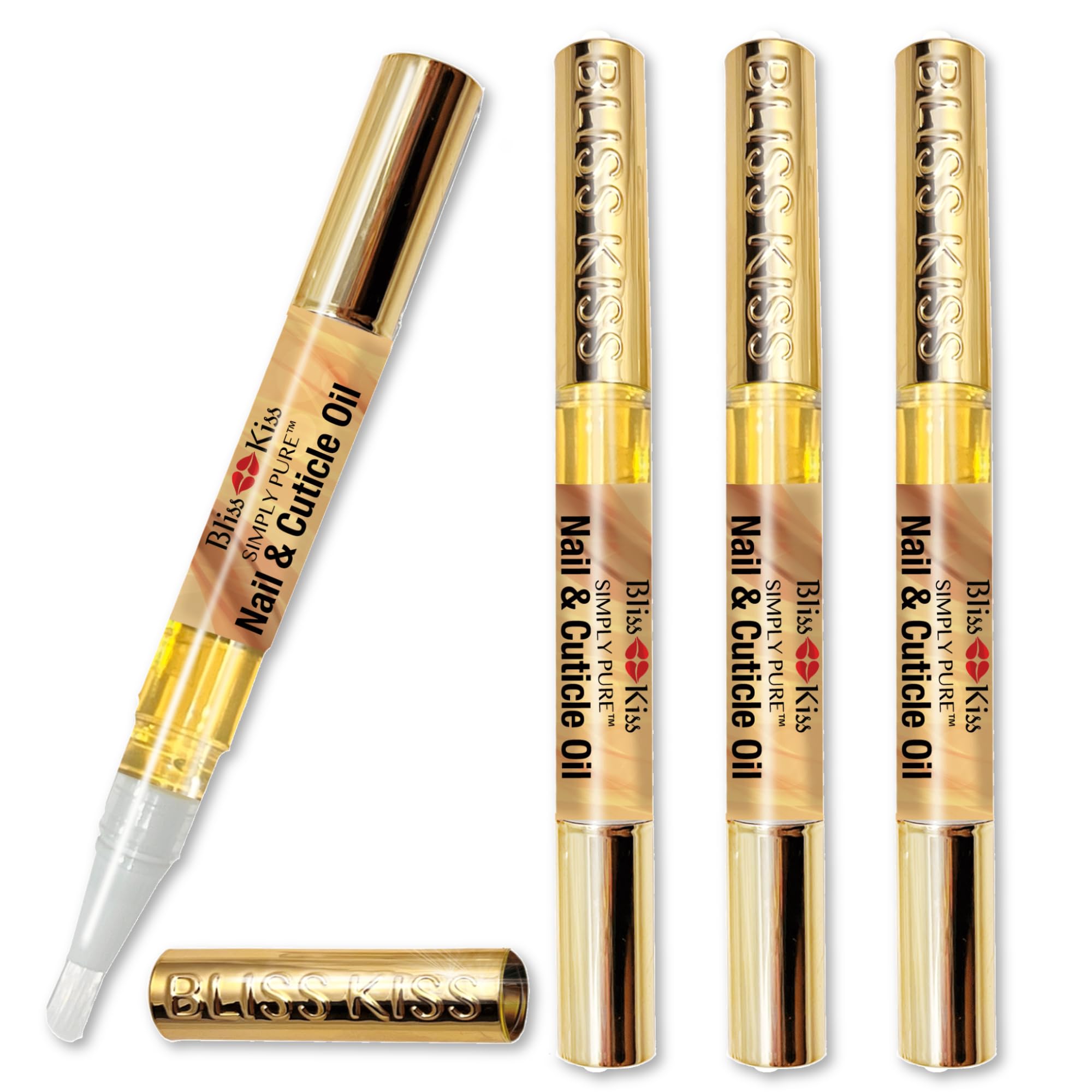 Bliss Kiss Simply Pure Nail Oil Pen 4-Pack – Vanilla Scent, Jojoba & Vitamin E for Hydration & Strength