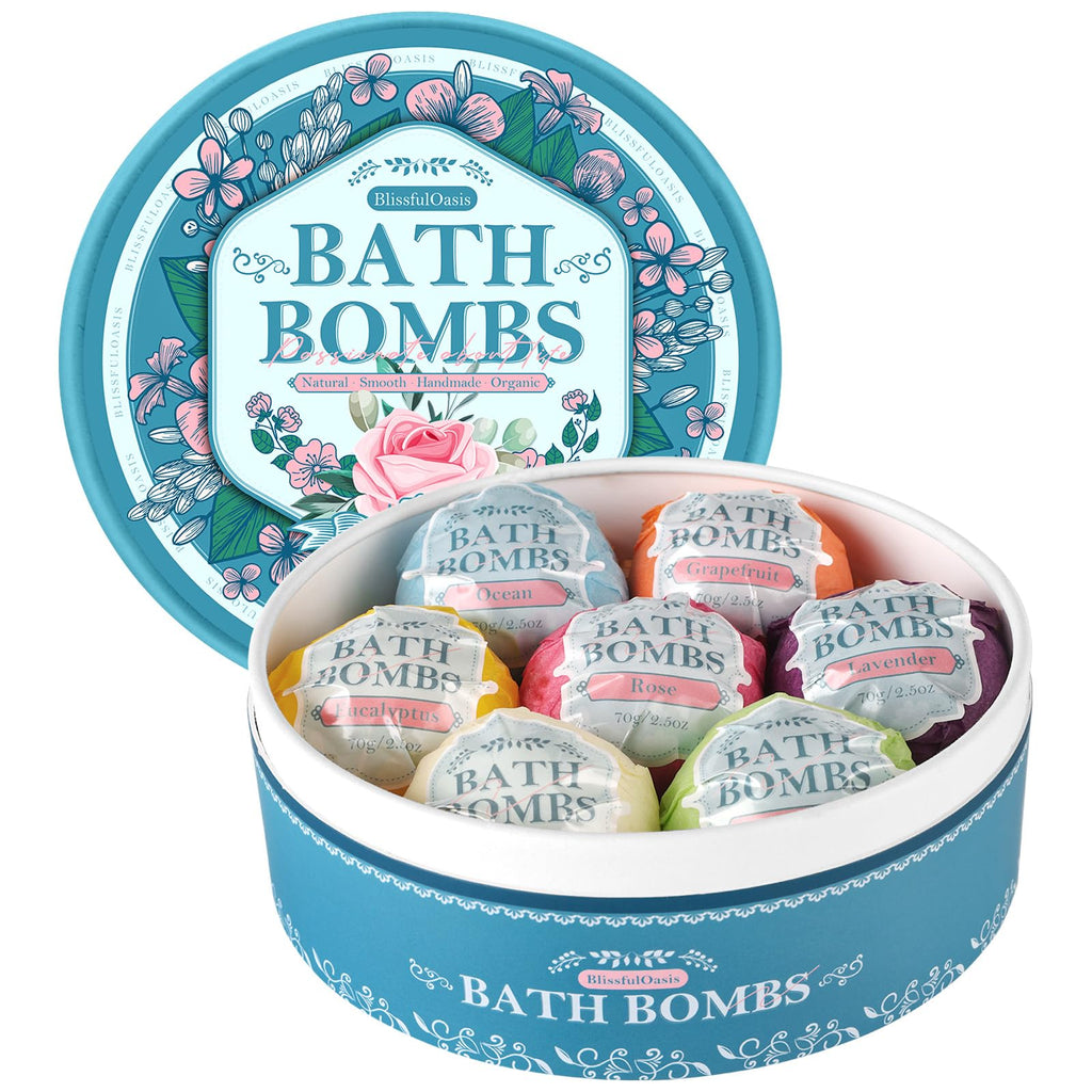 BlissfulOasis Bath Bombs Set – 7 Fragrances with Shea Butter for Dry Skin Moisture | Gift Idea