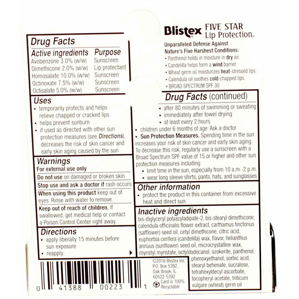 Blistex Five Star Lip Protection SPF 30 Lip Balm – 0.15 oz, Pack of 12