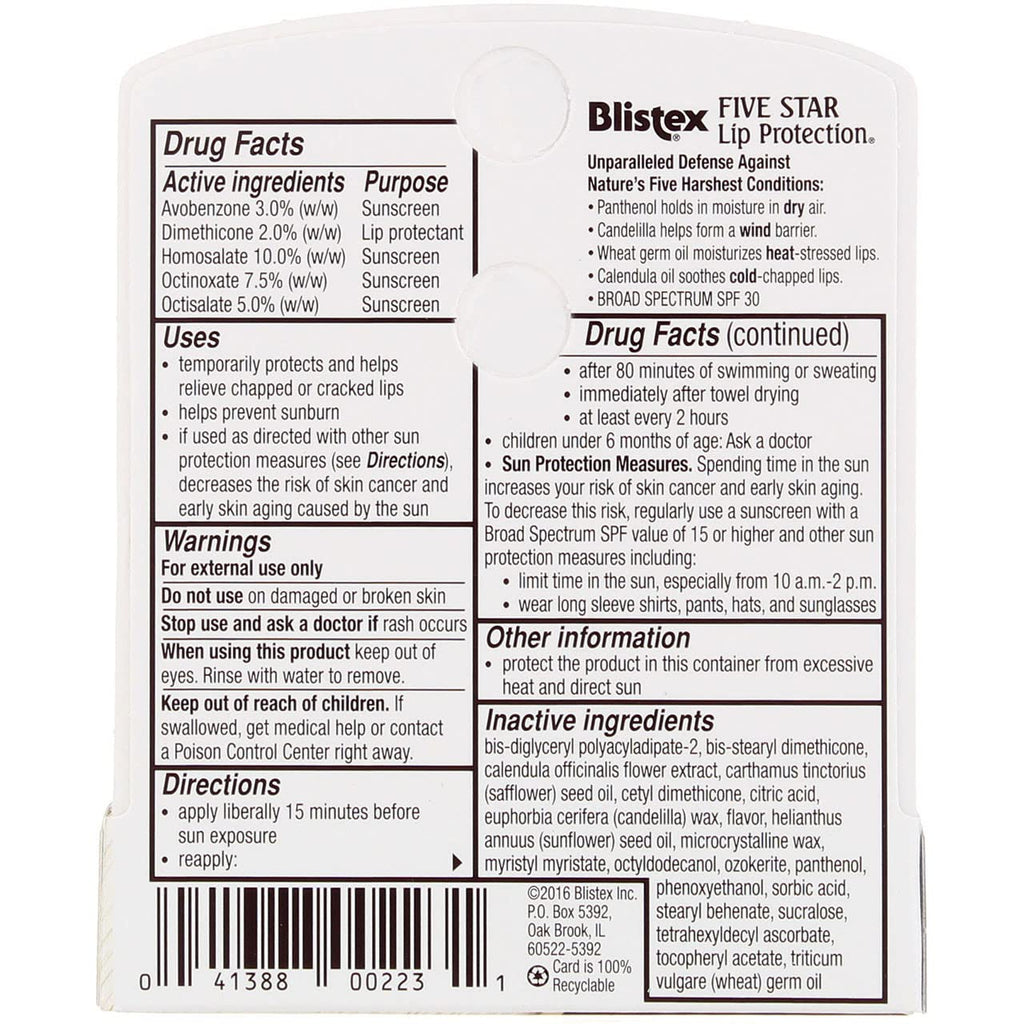 Blistex Five Star Lip Protection SPF 30 Lip Balm – 0.15 oz, Pack of 12