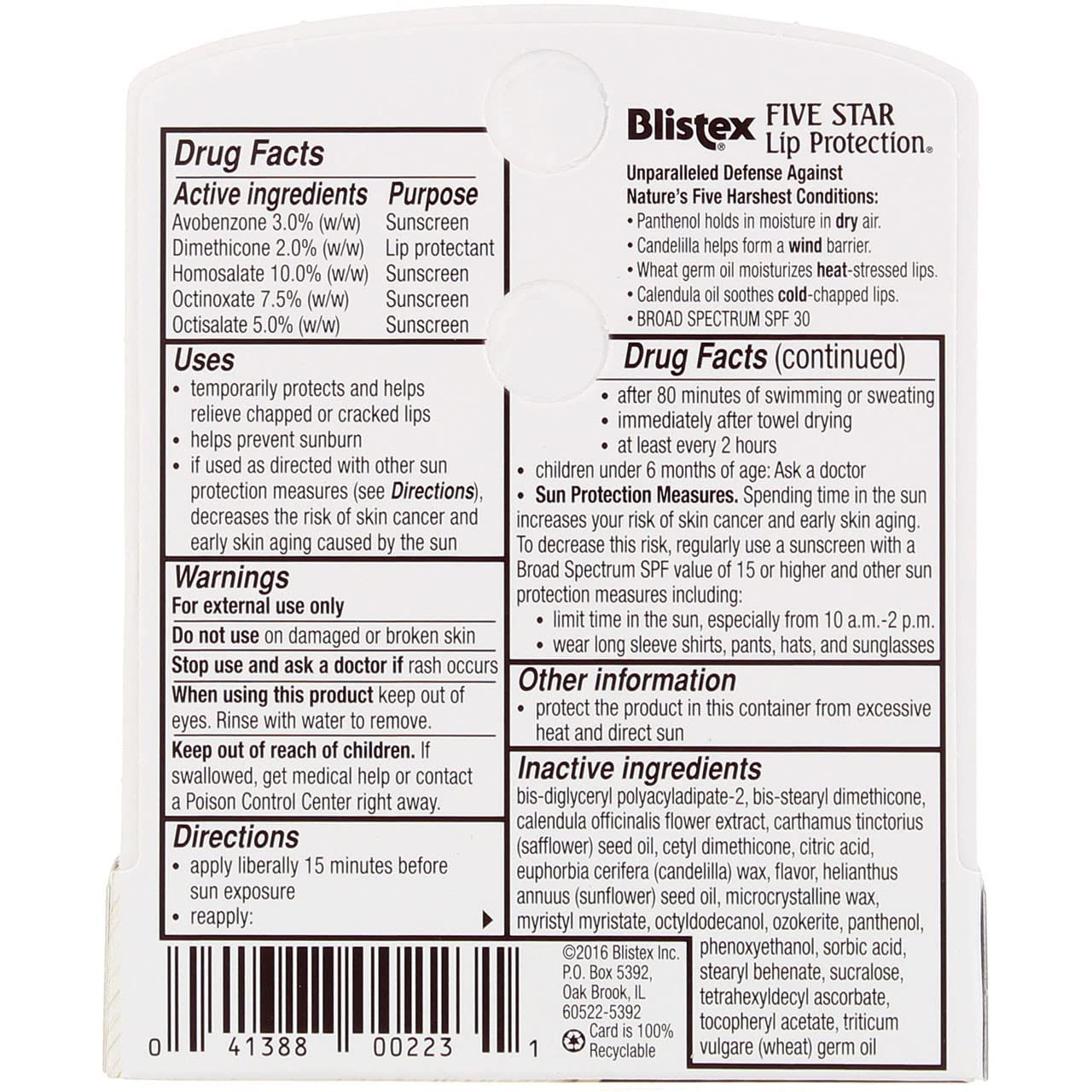Blistex Five Star Lip Protection SPF 30 Lip Balm – 0.15 oz, Pack of 12