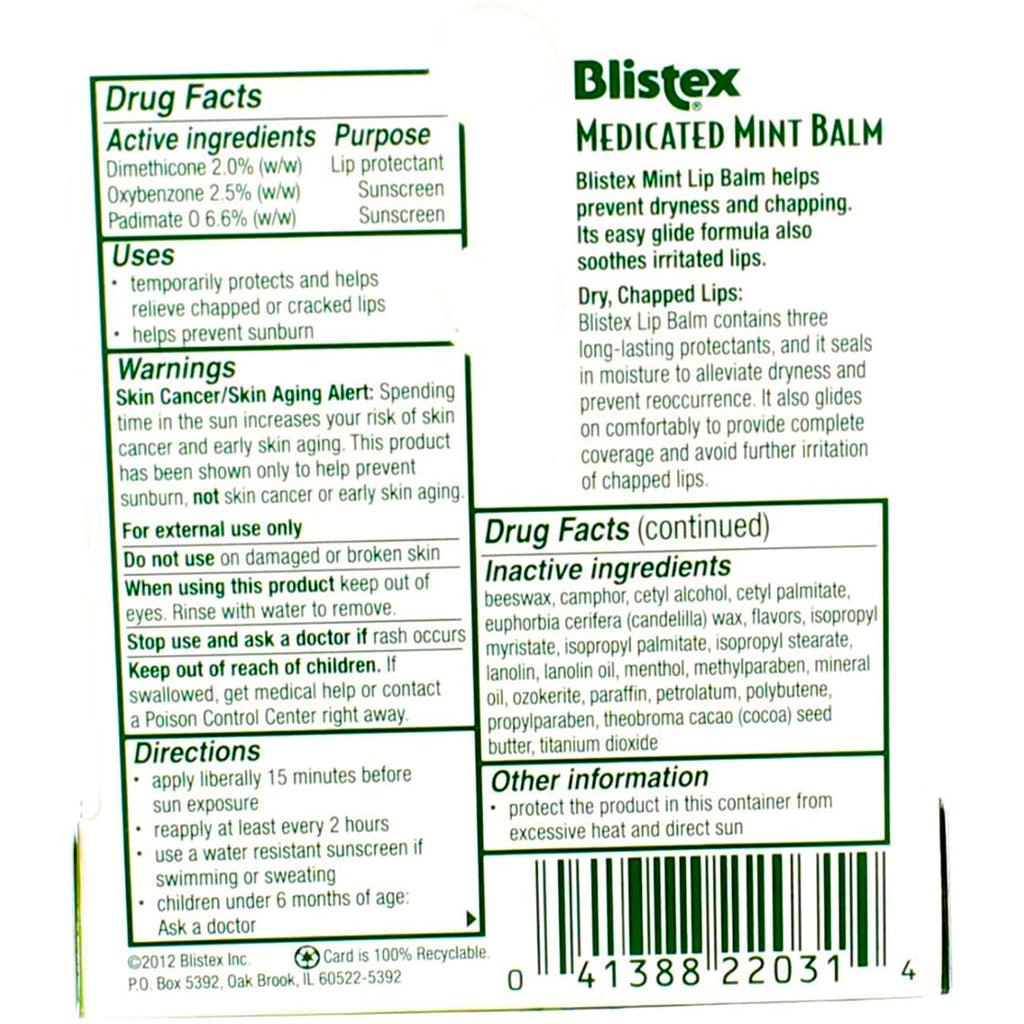Blistex Medicated Mint Balm SPF 15 0.15 oz — Pack of 12