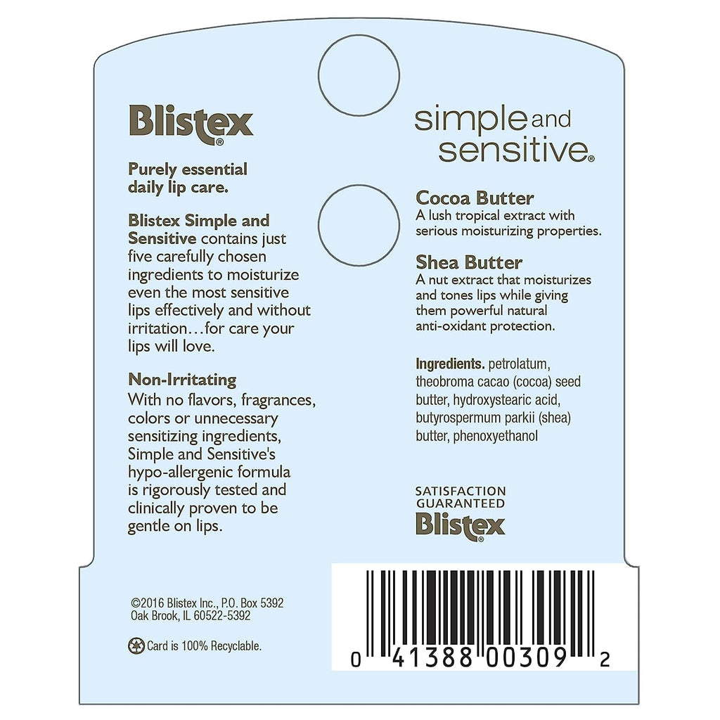 Blistex Simple and Sensitive Lip Moisturizer – Hypoallergenic, Cocoa & Shea Butter, 0.15 oz (12 Pack)