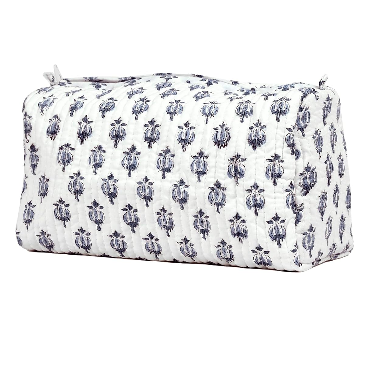 BLOCK N STYLE Cotton Hand Block Floral Toiletry Bag – Women’s Makeup & Travel Organizer, White (9.25 x 4.53 x 6.89 in)