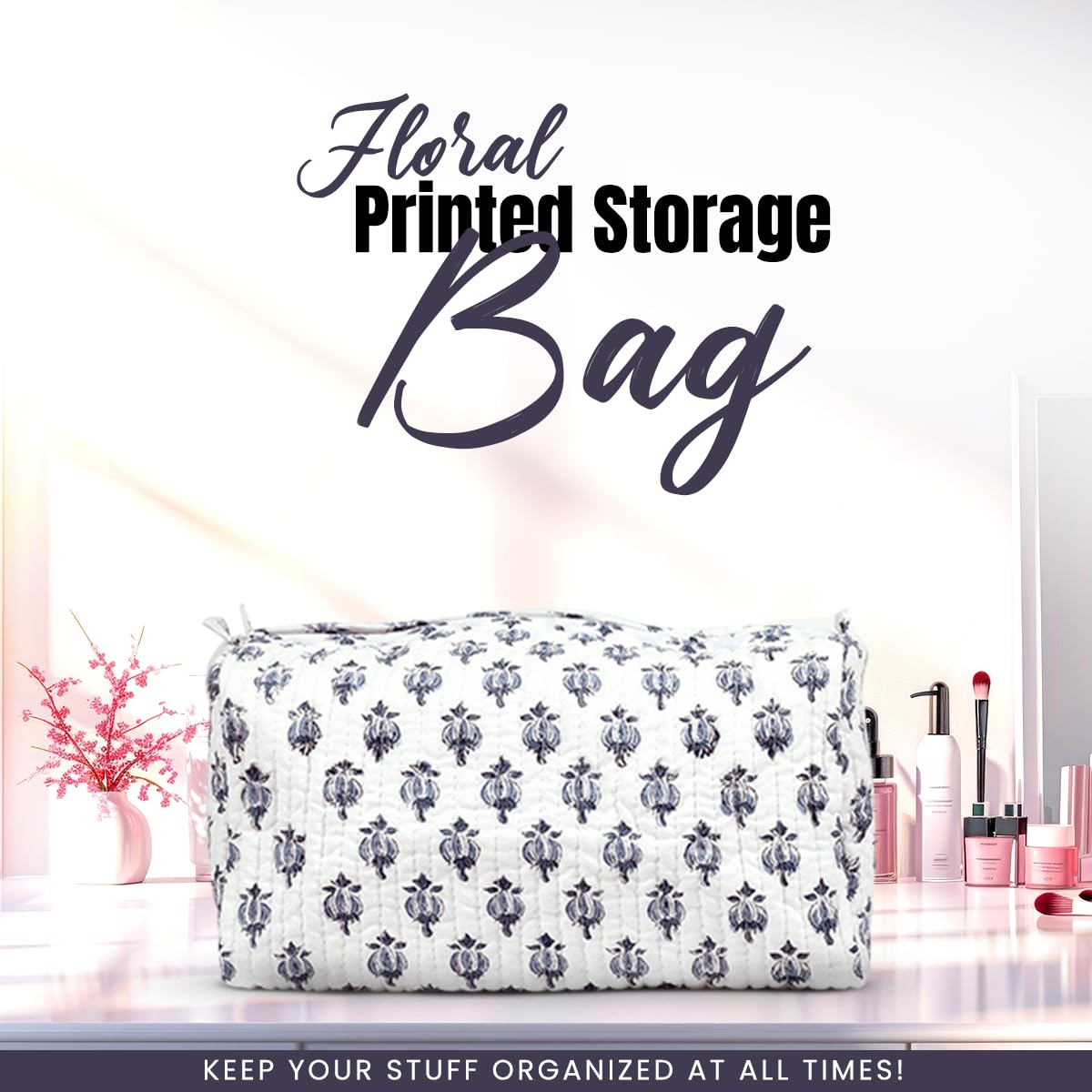 BLOCK N STYLE Cotton Hand Block Floral Toiletry Bag – Women’s Makeup & Travel Organizer, White (9.25 x 4.53 x 6.89 in)