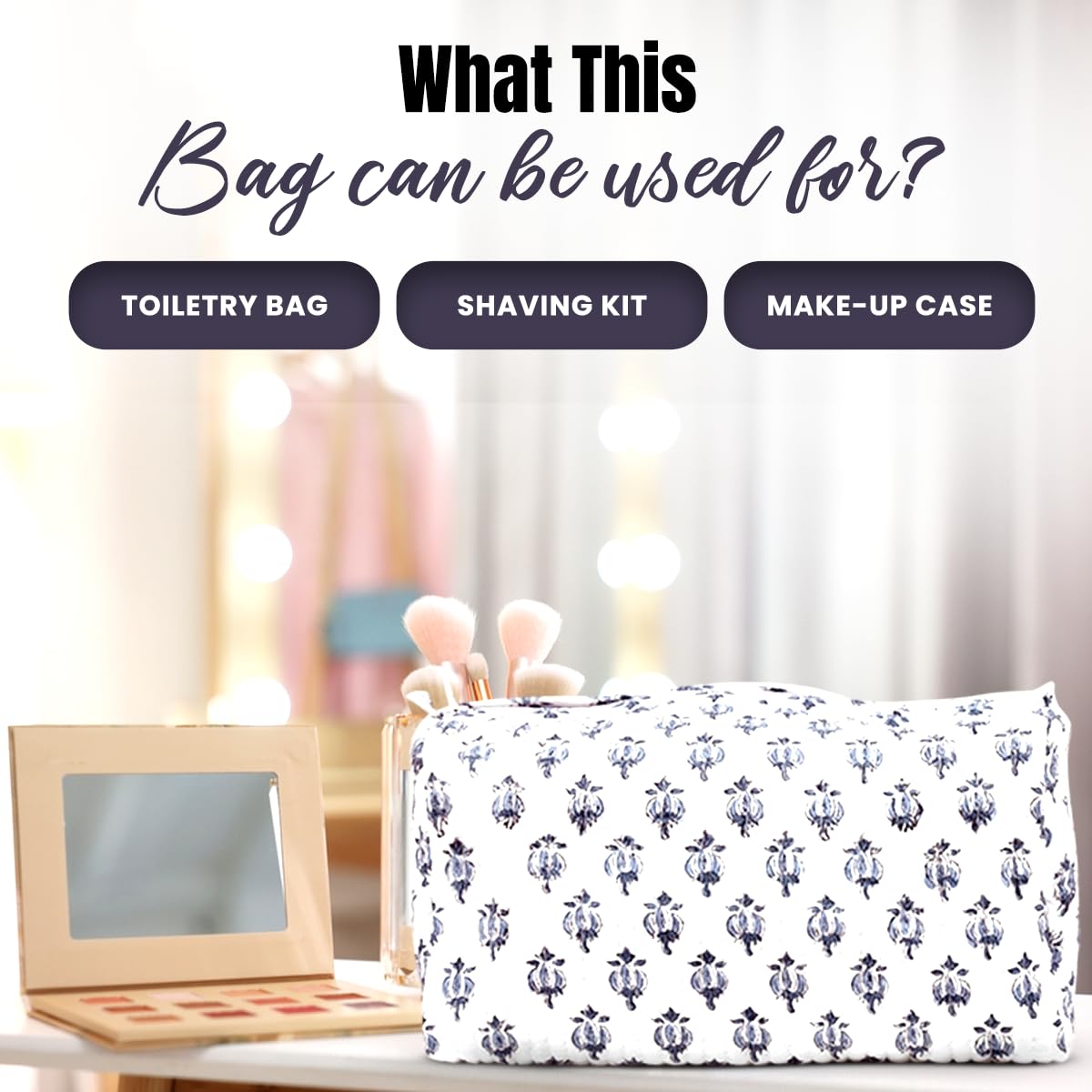 BLOCK N STYLE Cotton Hand Block Floral Toiletry Bag – Women’s Makeup & Travel Organizer, White (9.25 x 4.53 x 6.89 in)