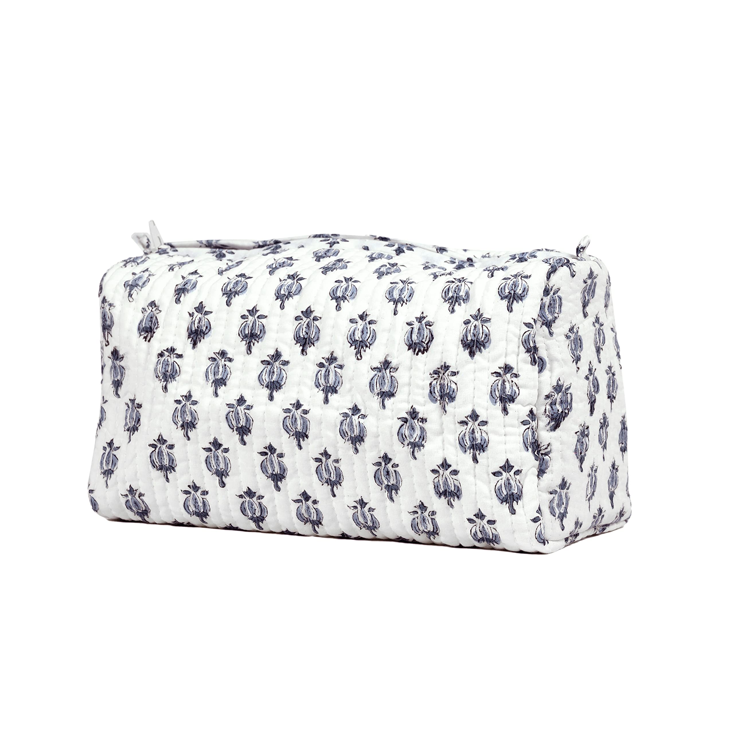 BLOCK N STYLE Cotton Hand Block Floral Toiletry Bag – Women’s Makeup & Travel Organizer, White (9.25 x 4.53 x 6.89 in)