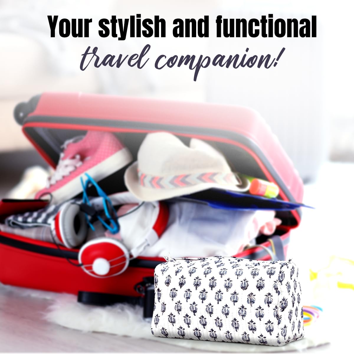 BLOCK N STYLE Cotton Hand Block Floral Toiletry Bag – Women’s Makeup & Travel Organizer, White (9.25 x 4.53 x 6.89 in)