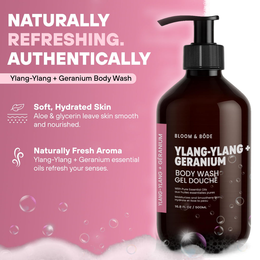 Bloom & Bōde Ylang-Ylang + Geranium Body Wash Gel – Sulfate-Free, Plant-Based, 500 mL (16.9 oz)
