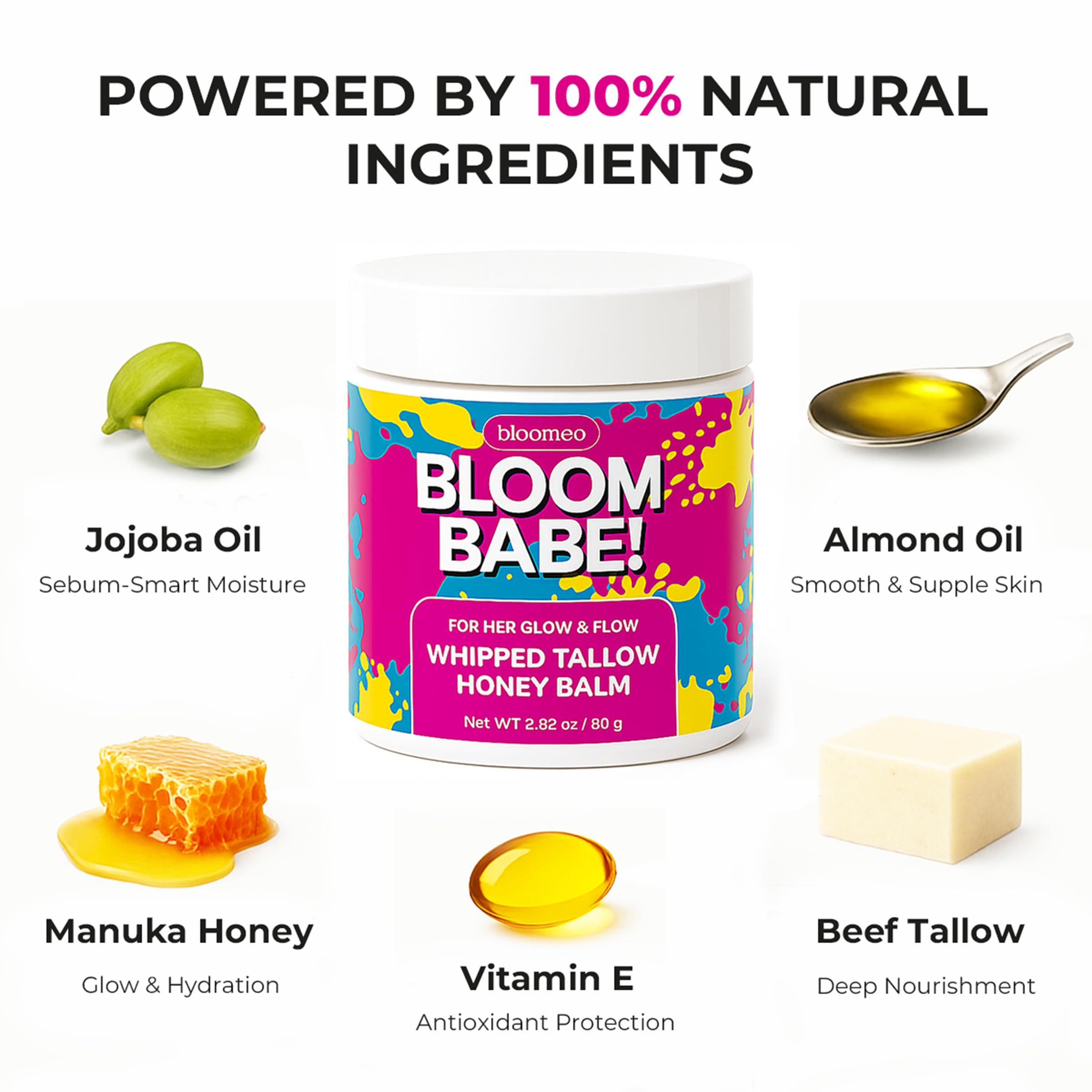 Bloomeo Natural Tallow & Honey Skin Balm – 2.82 oz, Grass-Fed Whipped Tallow