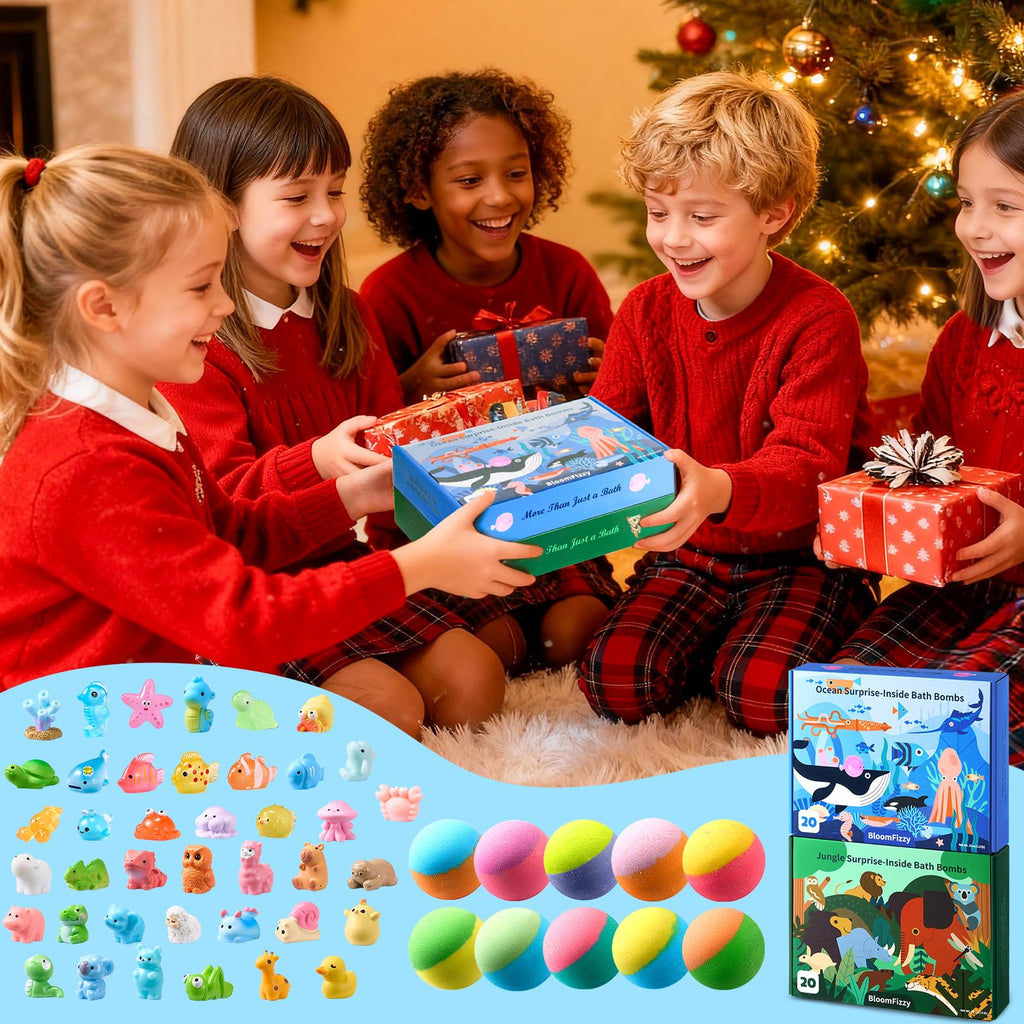 BloomFizzy 40 Kids Bath Bombs with Surprise Inside – Ocean & Jungle Animal Toys Gift Set