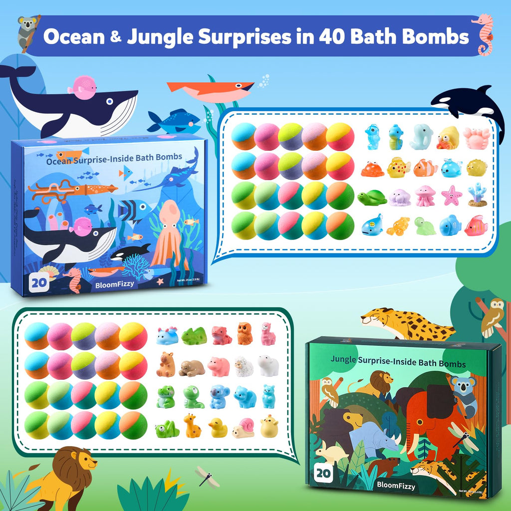 BloomFizzy 40 Kids Bath Bombs with Surprise Inside – Ocean & Jungle Animal Toys Gift Set