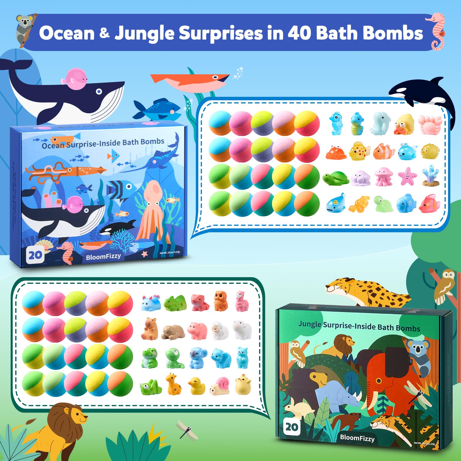 BloomFizzy 40 Kids Bath Bombs with Surprise Inside – Ocean & Jungle Animal Toys Gift Set