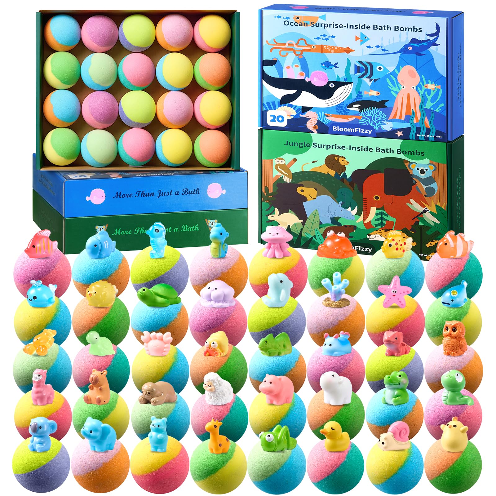 BloomFizzy 40 Kids Bath Bombs with Surprise Inside – Ocean & Jungle Animal Toys Gift Set