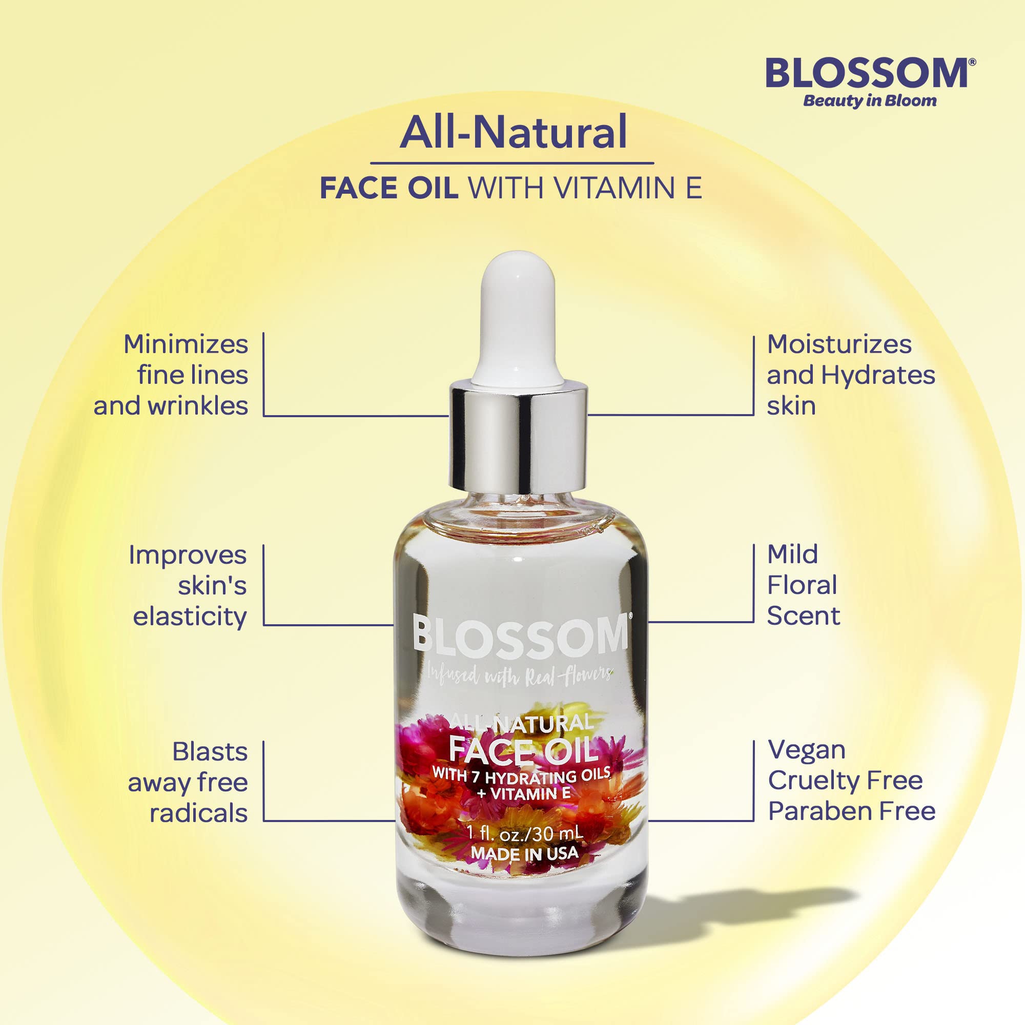 Blossom Unscented Face Oil with Real Flowers – Vegan, Cruelty-Free, Made in USA, 1 fl oz