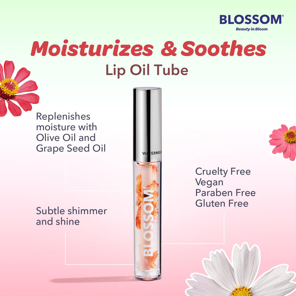 Blossom Lip Oil with Real Flowers – Hydrating Olive & Grape Seed Oil, 2-Pack (Coconut & Watermelon)