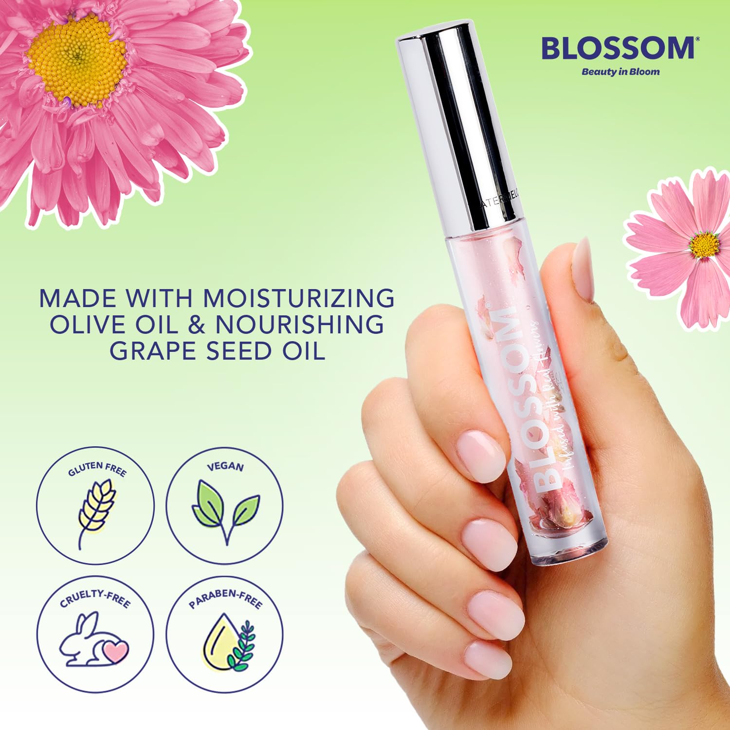 Blossom Lip Oil with Real Flowers – Hydrating Olive & Grape Seed Oil, 2-Pack (Coconut & Watermelon)