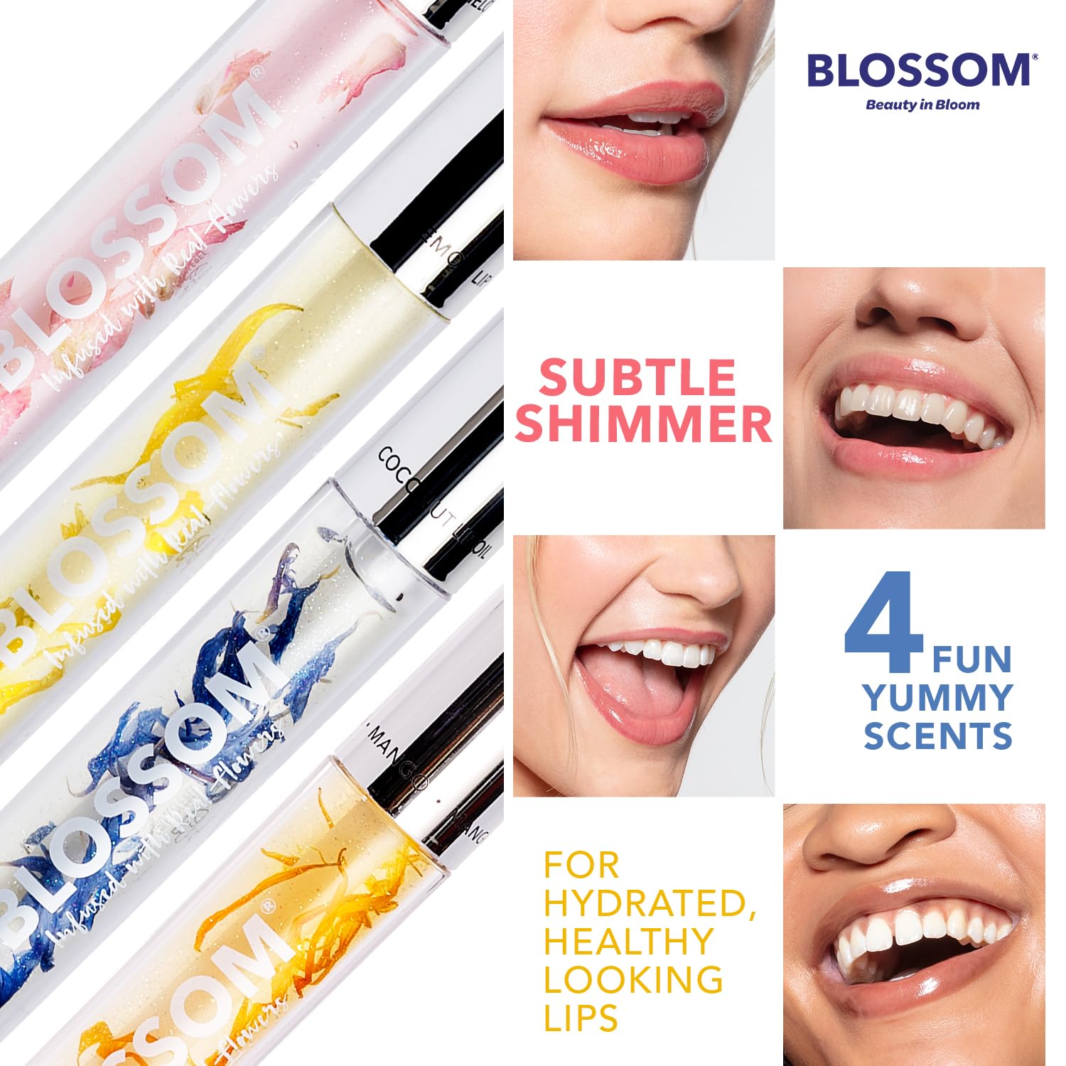 Blossom Lip Oil with Real Flowers – Hydrating Olive & Grape Seed Oil, 2-Pack (Coconut & Watermelon)