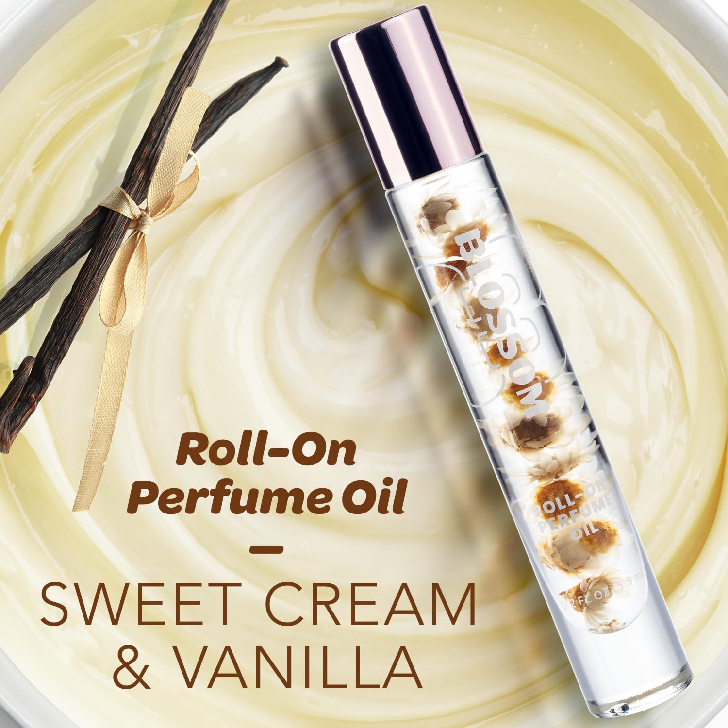 Blossom Roll-On Perfume for Women – Vanilla Sweet Cream, Alcohol-Free, Real Flowers, 0.20 oz | Made in USA
