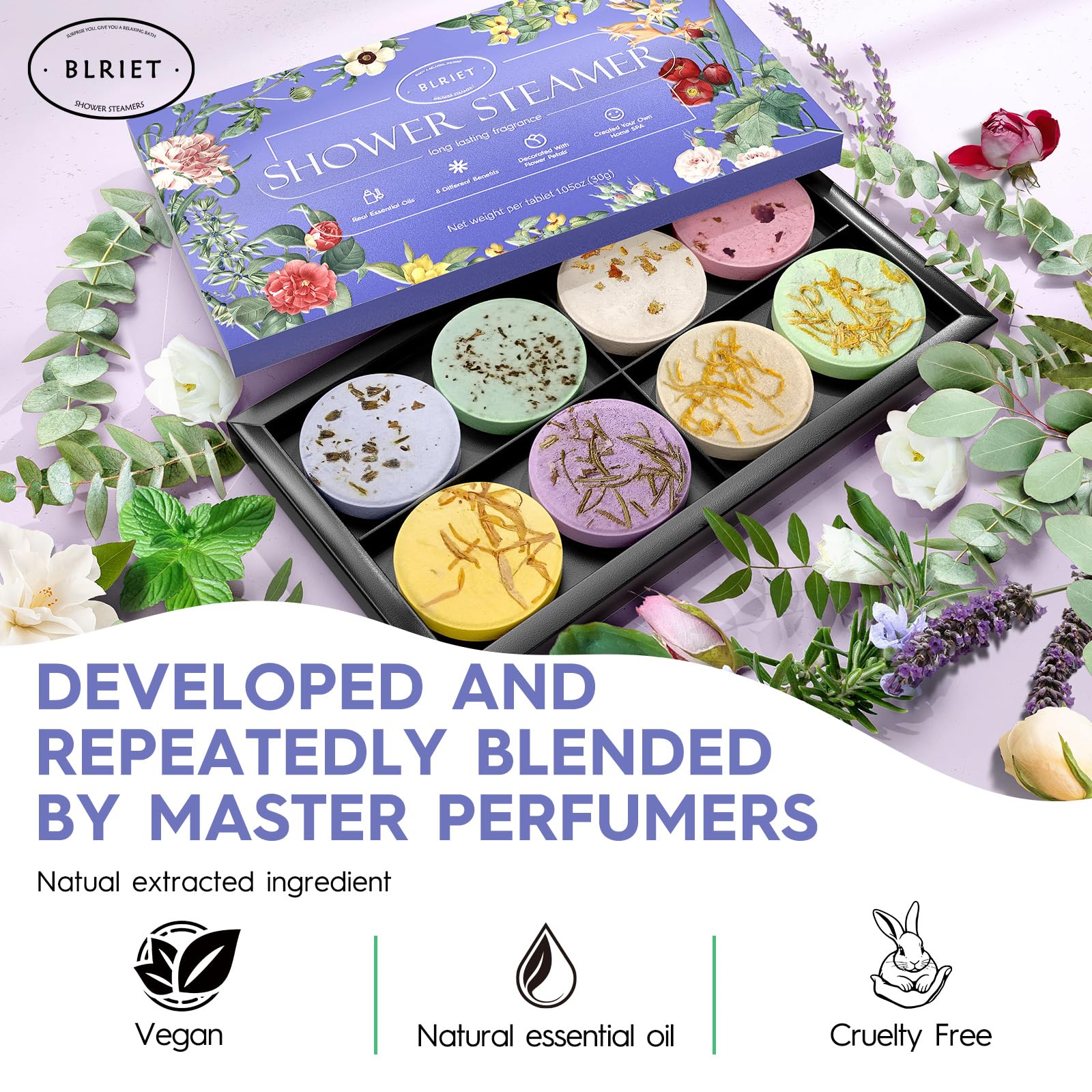 BLRIET Shower Steamers 8-Pack Aromatherapy Spa Gifts with Lavender