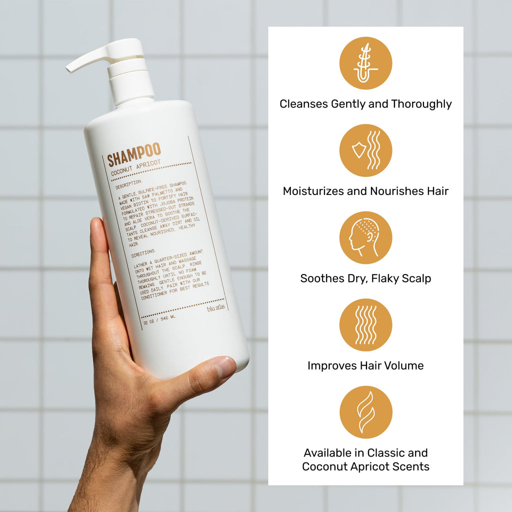 Blu Atlas Men's Natural Shampoo – Organic, Sulfate-Free, Paraben-Free – Coconut Apricot – 32 oz