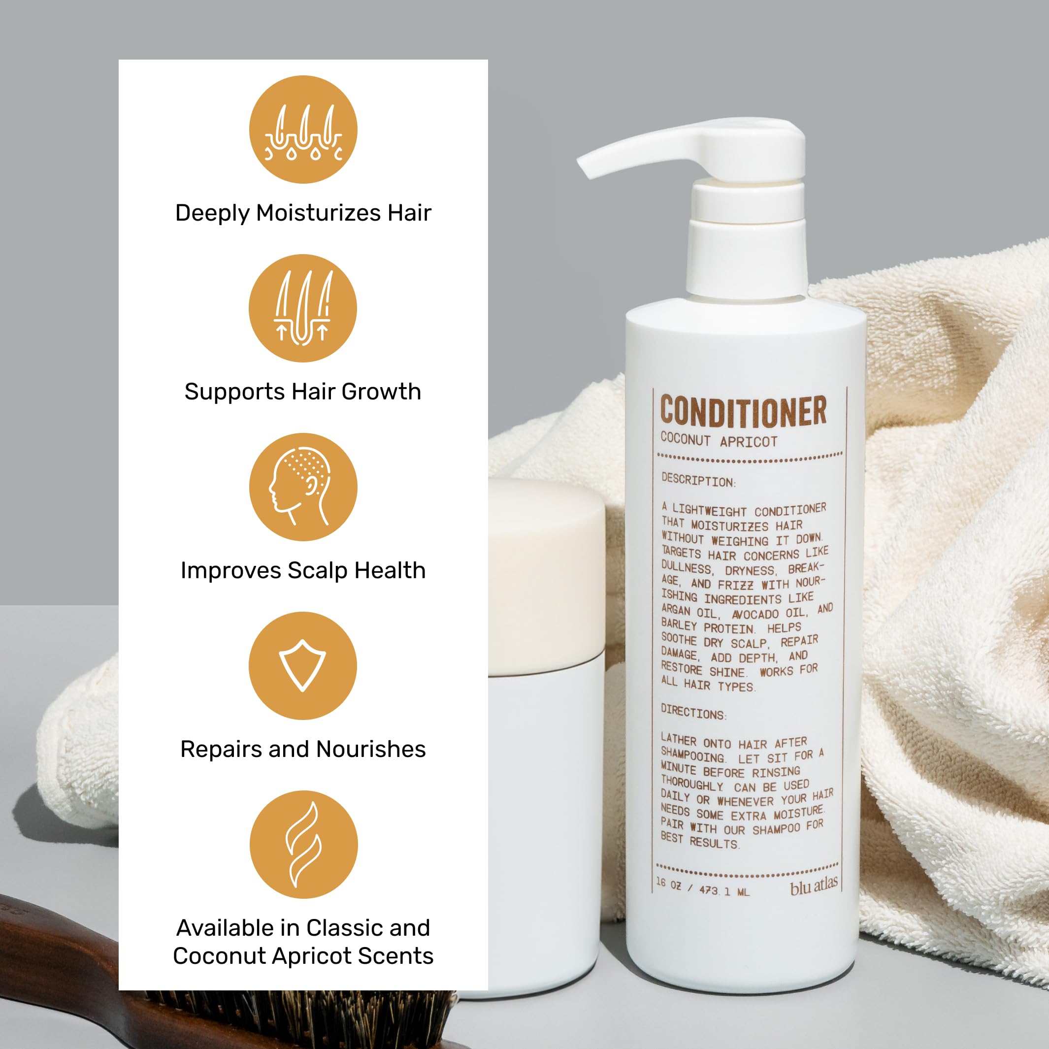 Blu Atlas Men's Natural Conditioner – Organic, Sulfate-Free, Coconut Apricot Scent, 16 oz