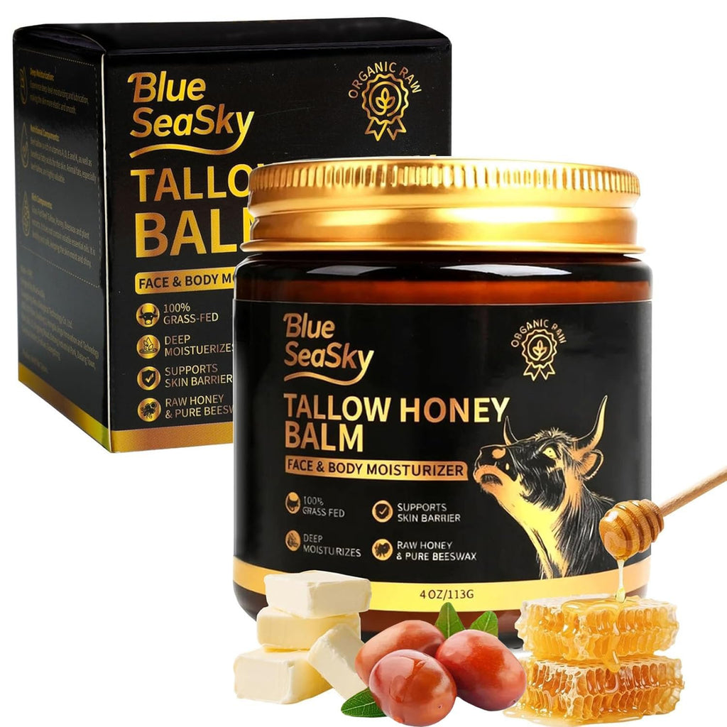 Blue Sea Sky Organic Beef Tallow for Skin – Grass-Fed Tallow Balm with Raw Honey & Jojoba Oil (4 oz, Unscented)