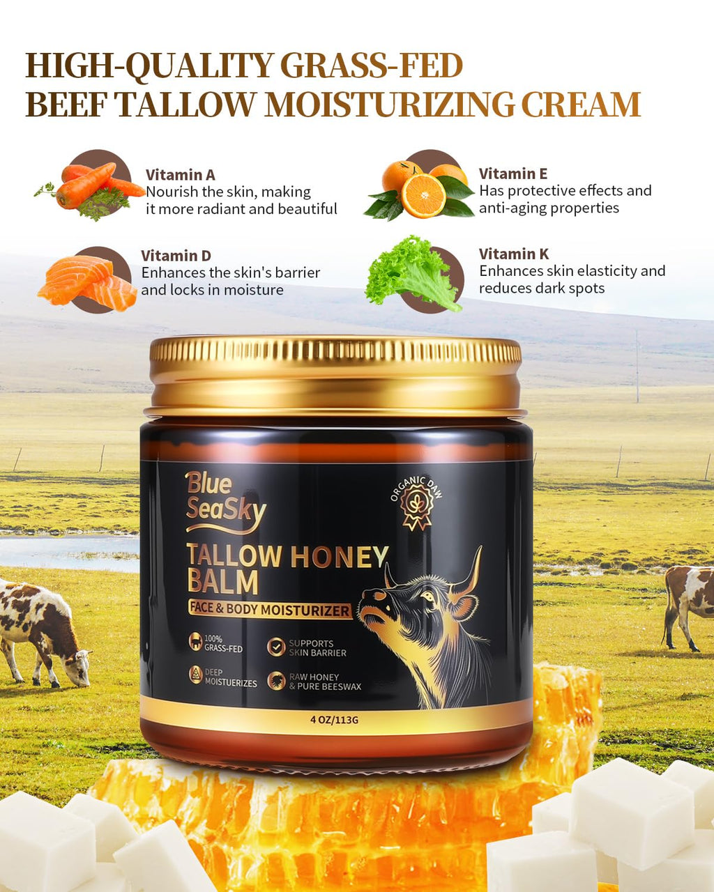 Blue Sea Sky Organic Beef Tallow for Skin – Grass-Fed Tallow Balm with Raw Honey & Jojoba Oil (4 oz, Unscented)