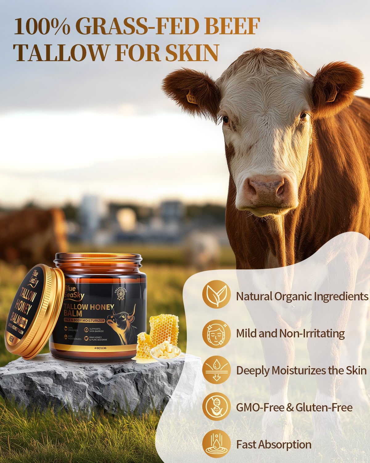 Blue Sea Sky Organic Beef Tallow for Skin – Grass-Fed Tallow Balm with Raw Honey & Jojoba Oil (4 oz, Unscented)