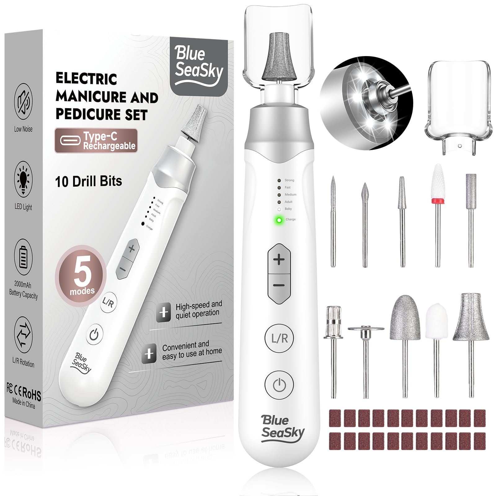 Blue Sea Sky Professional Electric Nail Drill 2000mAh – 10-in-1 Cordless Nail File Kit for Manicure & Pedicure