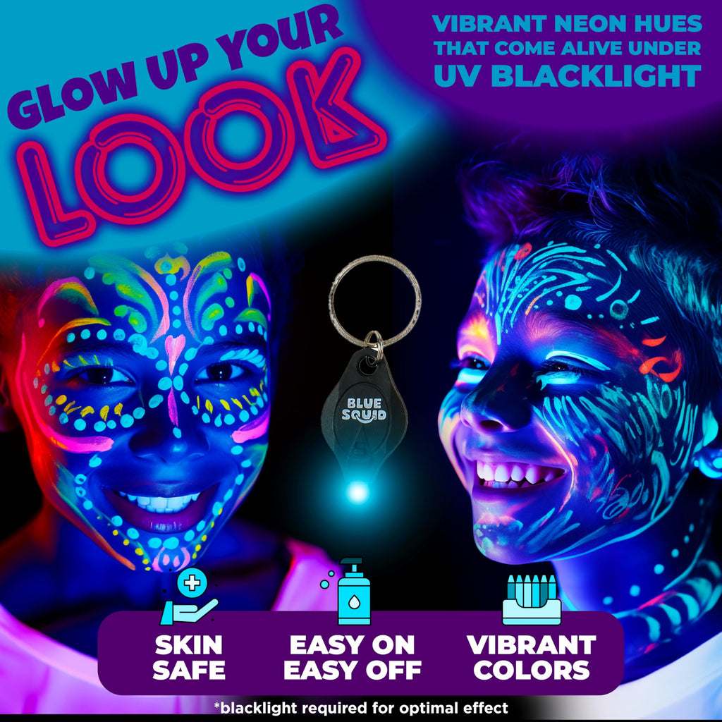 Blue Squid UV Body Paint – Glow-in-the-Dark Neon Face & Body Kit (8x20ml) with Mini UV Torch