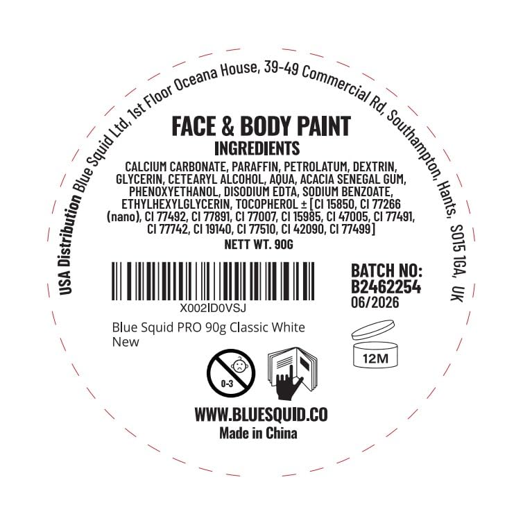 Blue Squid PRO Face Paint - White 90g / 3oz | Water-Based, Professional Face & Body Paint