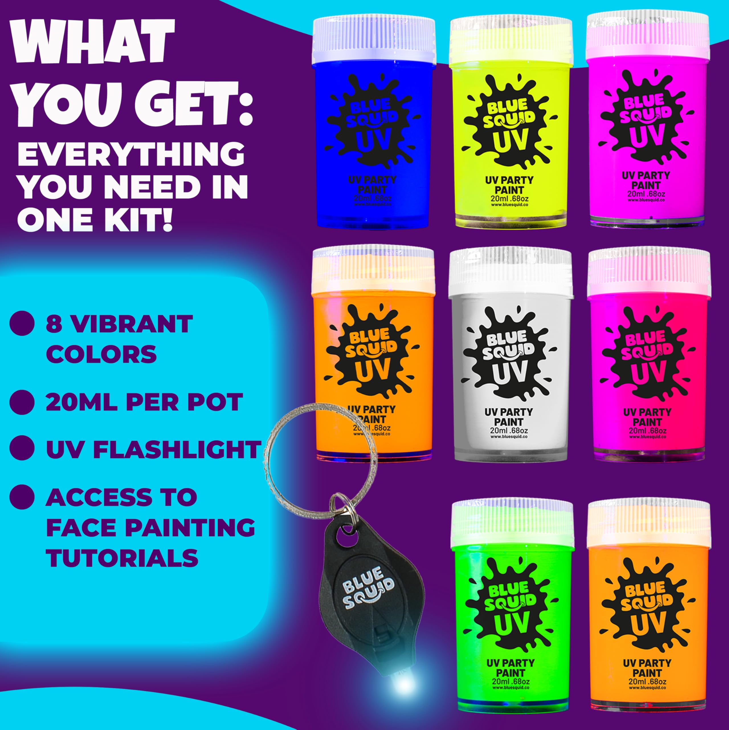 Blue Squid UV Body Paint – Glow-in-the-Dark Neon Face & Body Kit (8x20ml) with Mini UV Torch
