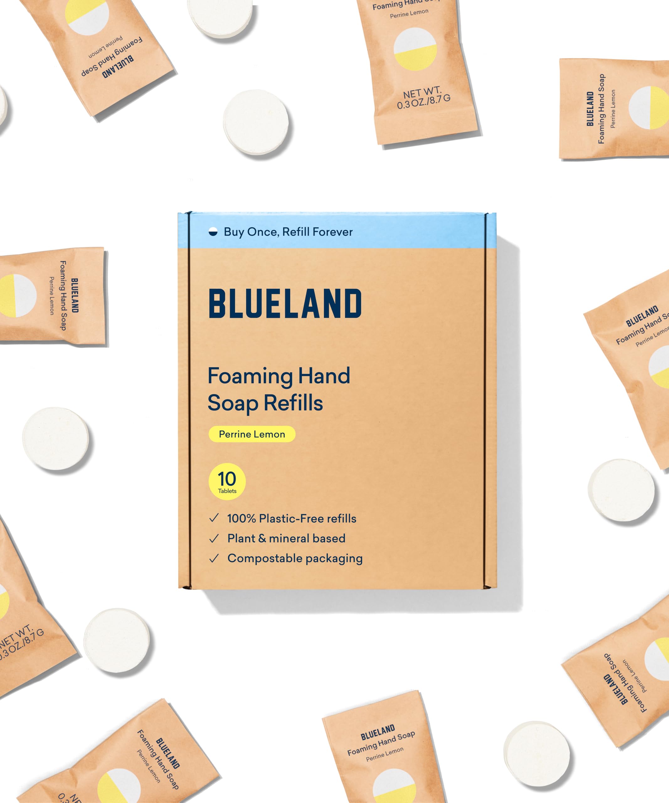 BLUELAND Foaming Hand Soap Refill Tablets – Perrine Lemon, 10-Pack | Eco-Friendly, Plastic-Free