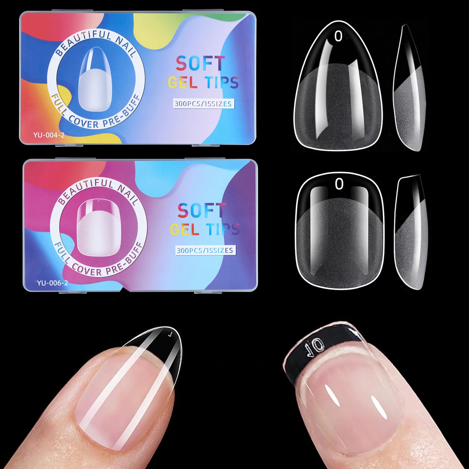BlueZOO 600Pcs Short Almond & Tapered Round Soft Gel Nail Tips Set – 15 Sizes, 2 Shapes, Clear