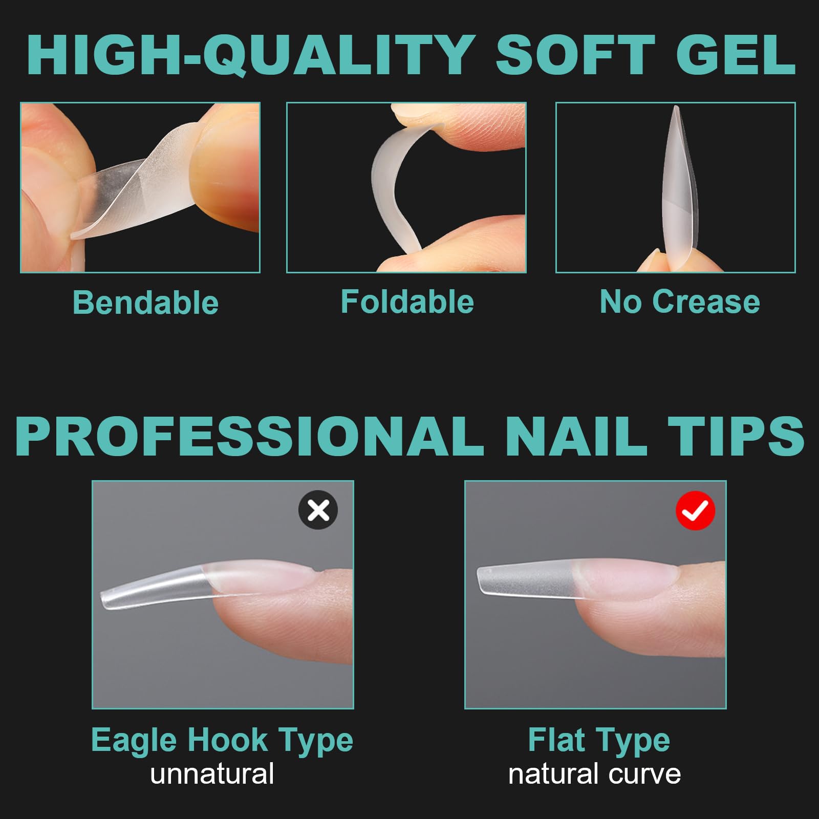 BlueZOO 3 Shapes Soft Gel Nail Tips Kit – Almond, Square, Coffin (360Pcs, 12 Sizes)