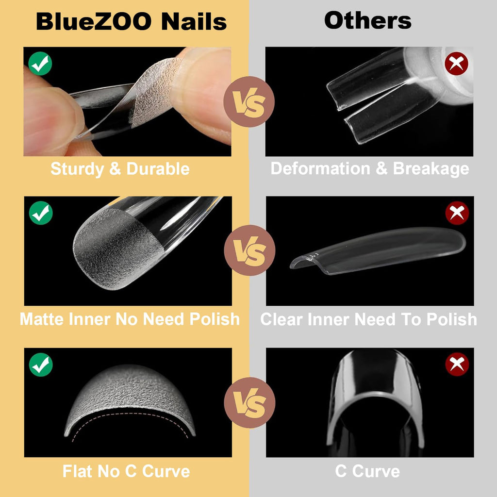BlueZOO Gel Long Nail Tips – 360Pcs Pre-etched Almond, Coffin, Oval Press-On Nails | Salon-Quality DIY Kit
