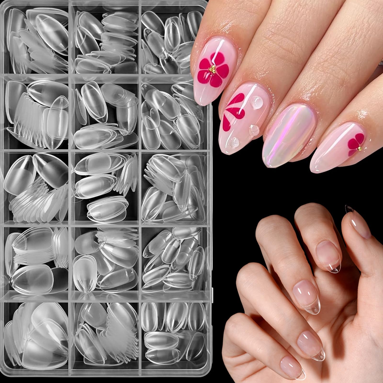 BlueZOO 600Pcs Short Almond & Tapered Round Soft Gel Nail Tips Set – 15 Sizes, 2 Shapes, Clear