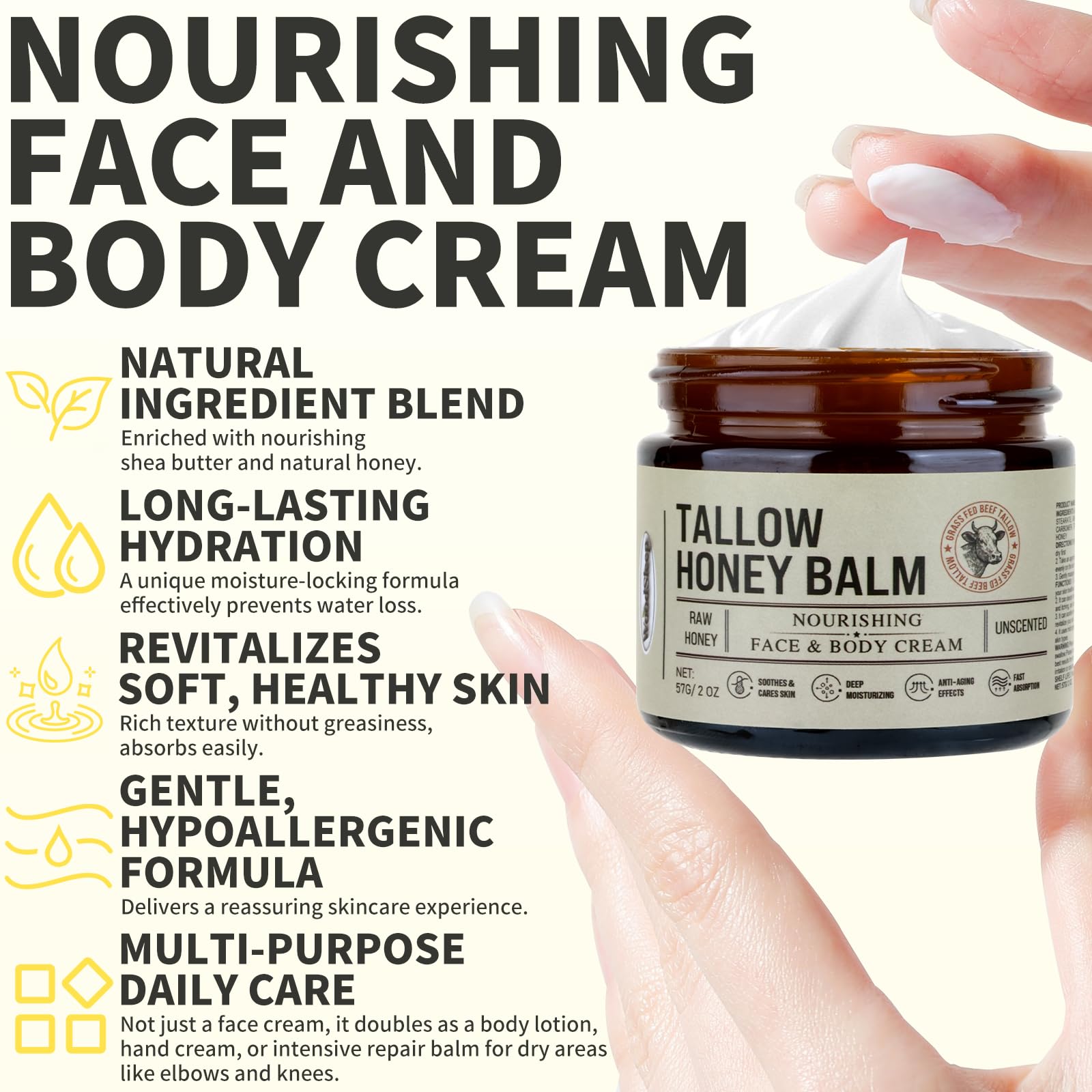 BMDYJK Organic Grass-Fed Beef Tallow & Honey Balm – Natural Moisturizer (2 oz)