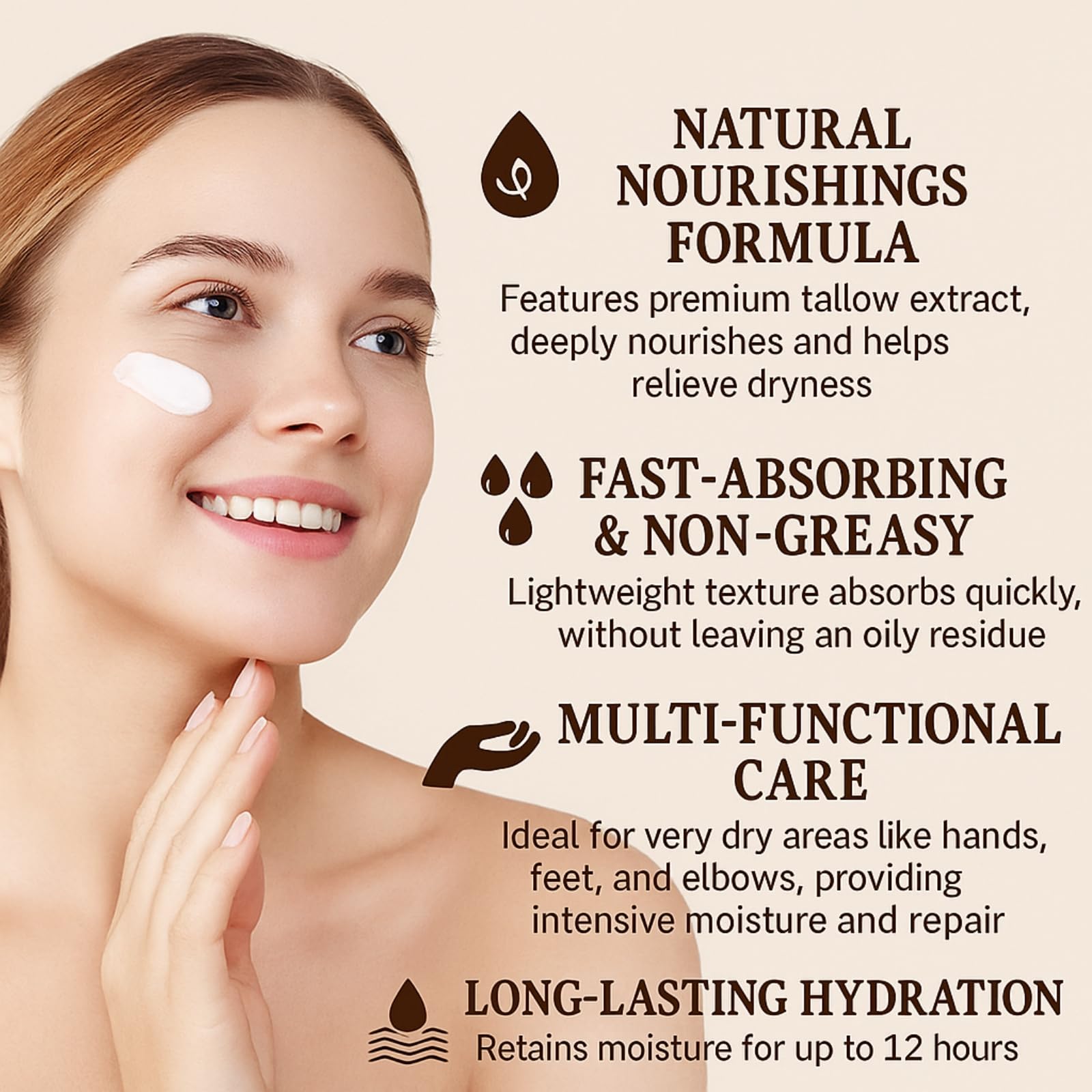 BNNBRGA Beef Tallow Cream for Face & Skin – 4.23oz with Organic Grass-Fed Tallow & Manuka Honey