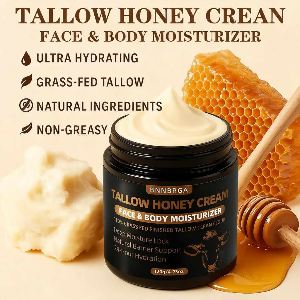 BNNBRGA Beef Tallow Cream for Face & Skin – 4.23oz with Organic Grass-Fed Tallow & Manuka Honey