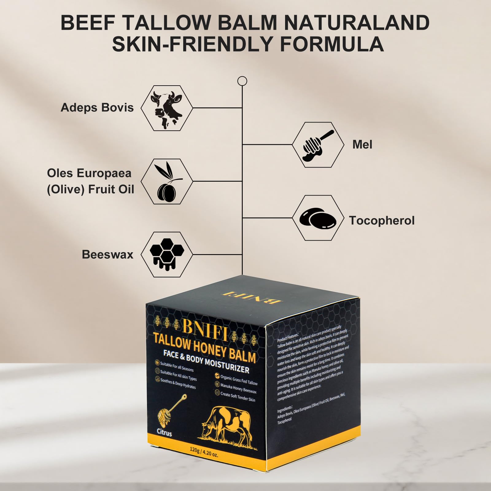 BNIFI Tallow and Honey Balm – Organic Grass-Fed Beef Tallow Moisturizer for Face & Body