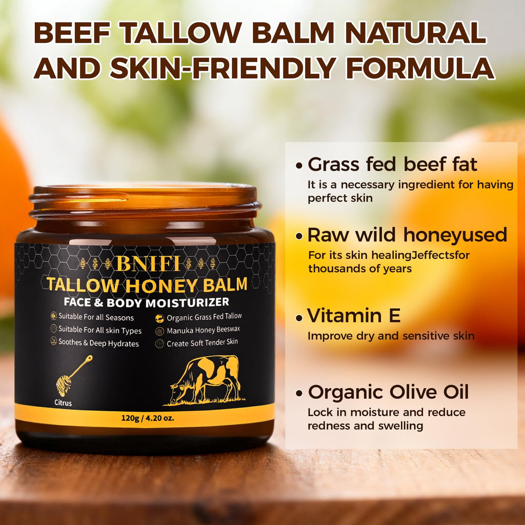 BNIFI Tallow and Honey Balm – Organic Grass-Fed Beef Tallow Moisturizer for Face & Body