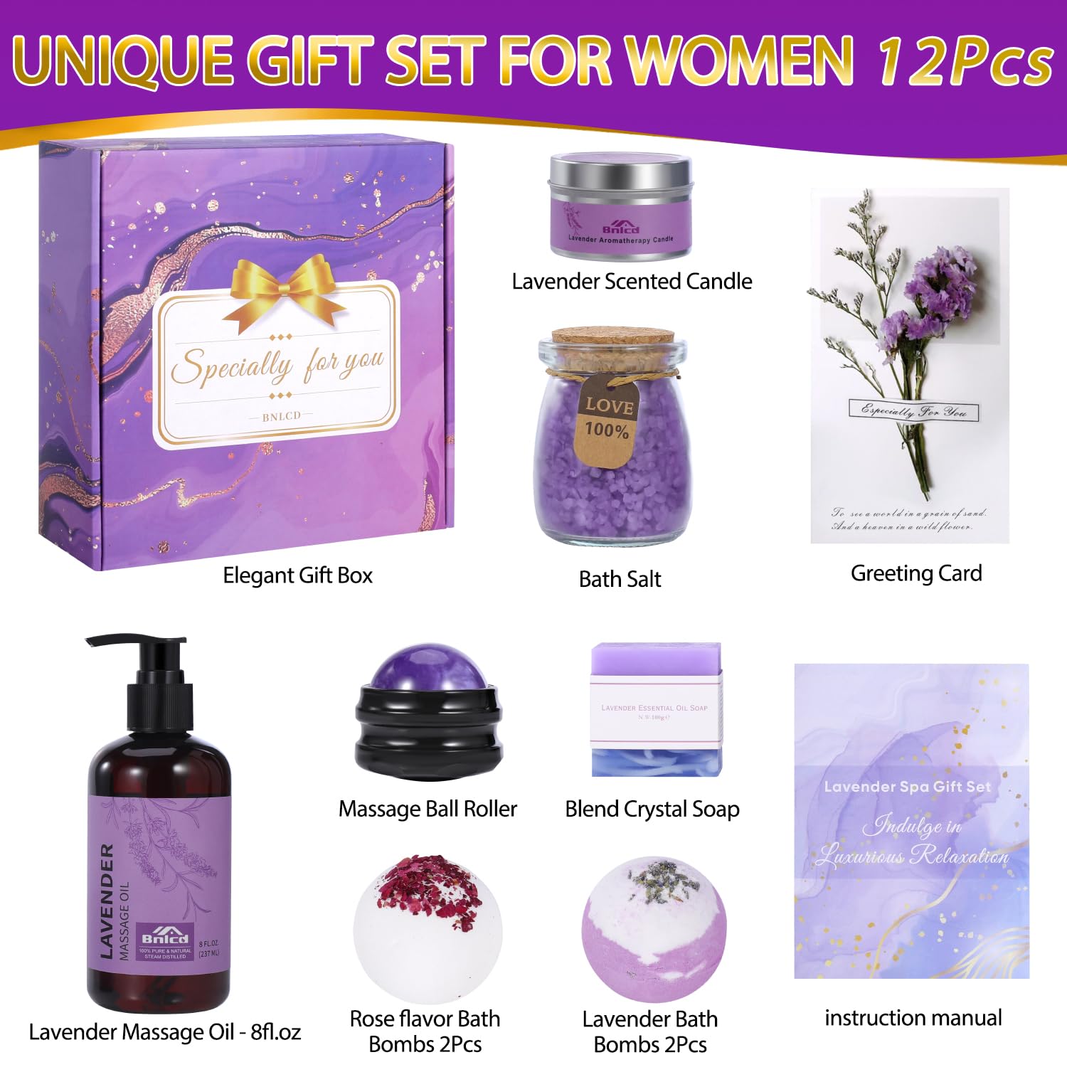 Bnlcd Luxury Lavender Bath Gift Set – 12-Piece Spa Gifts for Women | Self-Care Gifts for Mom, Wife, Girlfriend, Sister