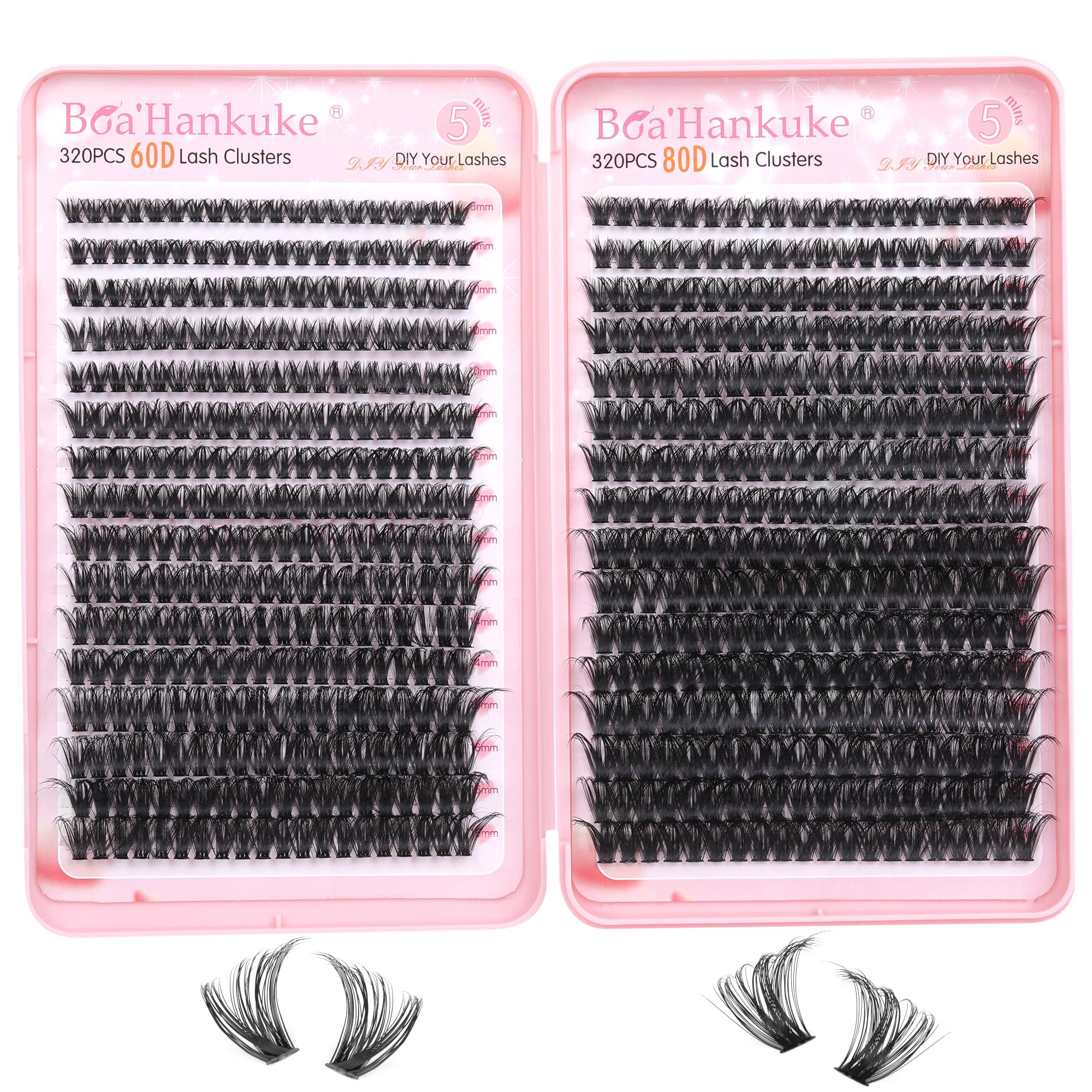 Boahankuke 640PCS Lash Clusters – DIY Volume Eyelash Extensions, D Curl & Wispy Styles (60D 8-16mm, 80D 10-18mm)