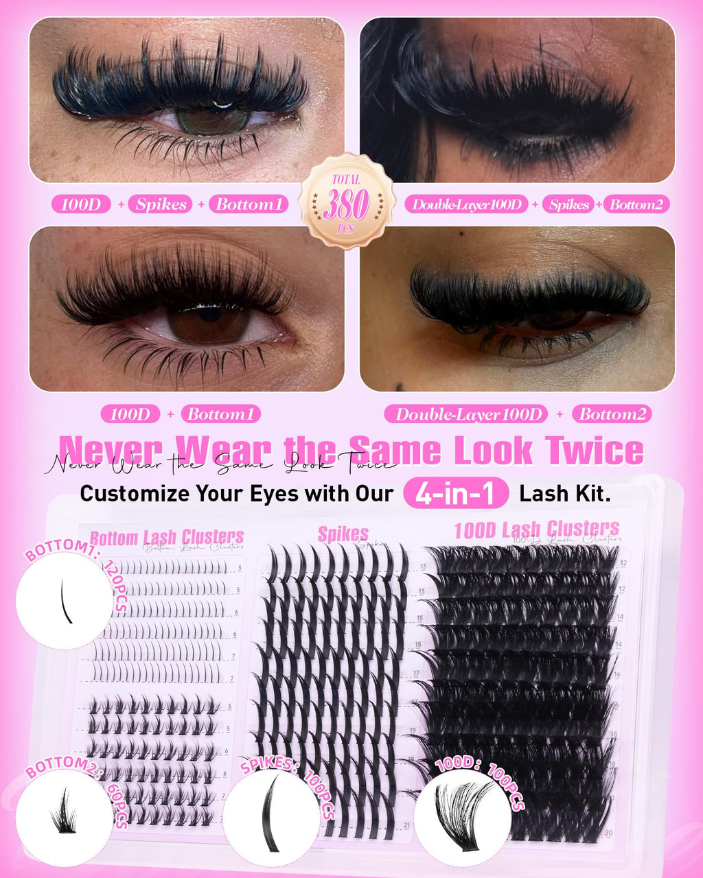 Boahankuke Lash Clusters Kit with Spikes — 380Pcs, 4 Styles, 2-in-1 Bond & Seal, Tweezers