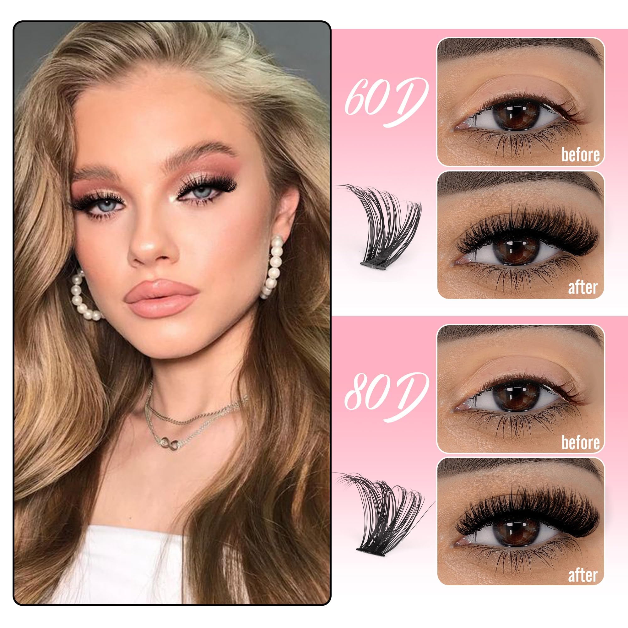 Boahankuke 640PCS Lash Clusters – DIY Volume Eyelash Extensions, D Curl & Wispy Styles (60D 8-16mm, 80D 10-18mm)